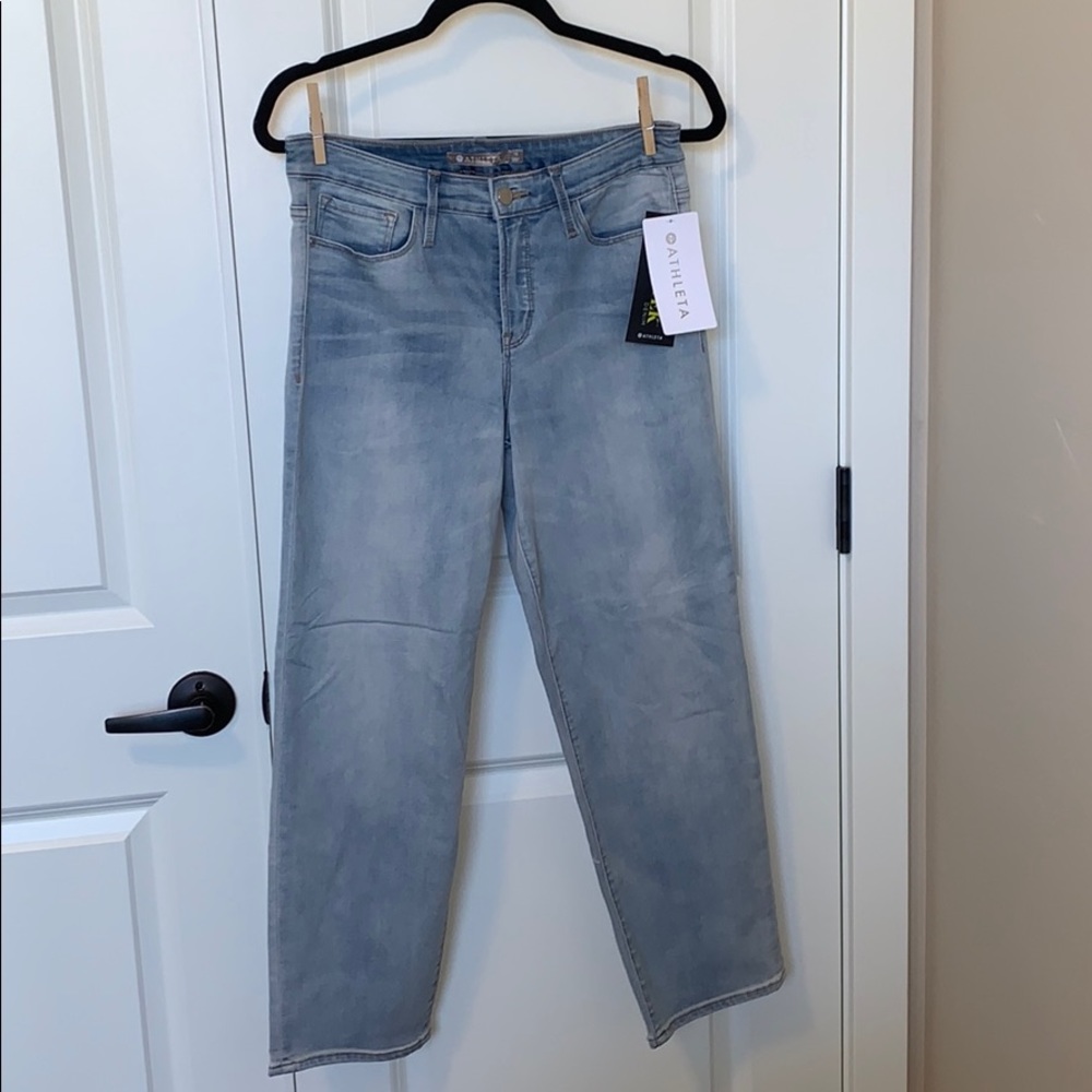 Athleta Sculptec light wash jeans.